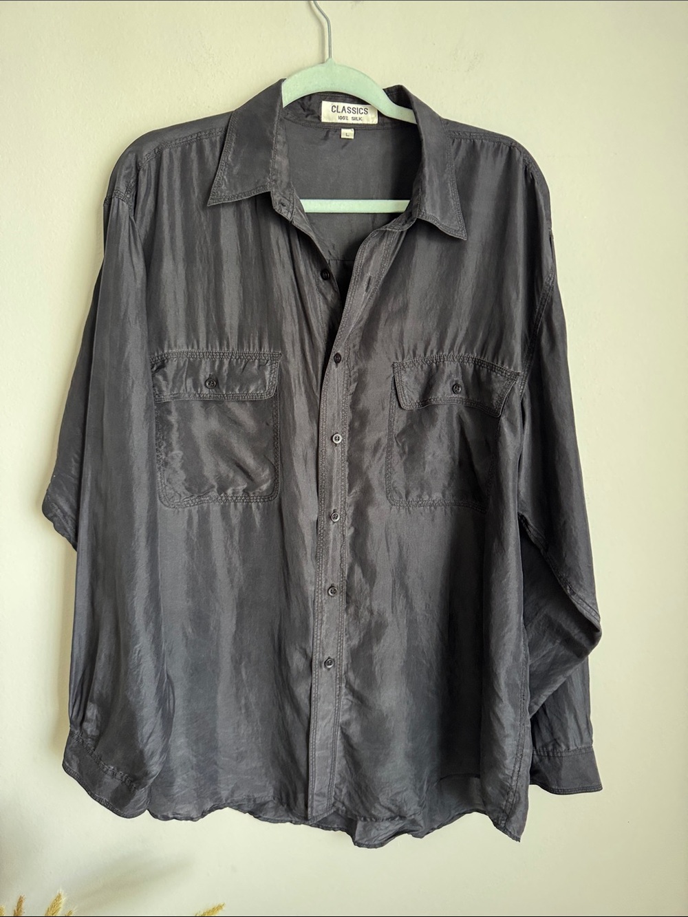 Vintage Classics 100% Silk Oversized Button-Up Shirt Black Large L Minimalist - Picture 7 of 9